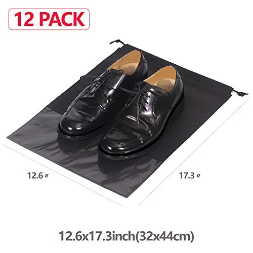 12PCS Travel Shoe Bags Non-Woven Storage with Rope for Men and Women Large Shoes Pouch Packing Organizers, Black