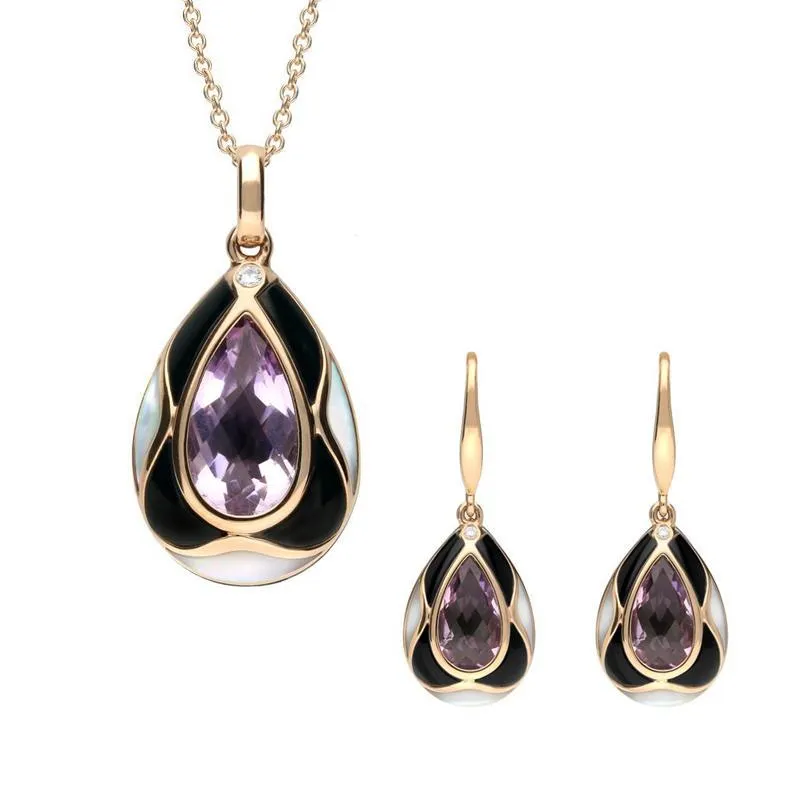 18ct Rose Gold Whitby Jet Diamond Amethyst Mother of Pearl Two Piece Set