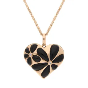 18ct Rose Gold Whitby Jet Diamond Heart Flower Necklace D