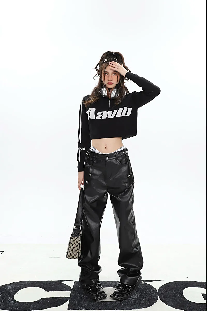 Aavtb Graphic Letter Long Sleeve Knitted Cropped Sweater Top