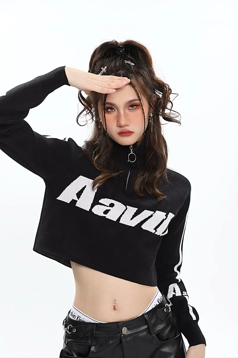 Aavtb Graphic Letter Long Sleeve Knitted Cropped Sweater Top