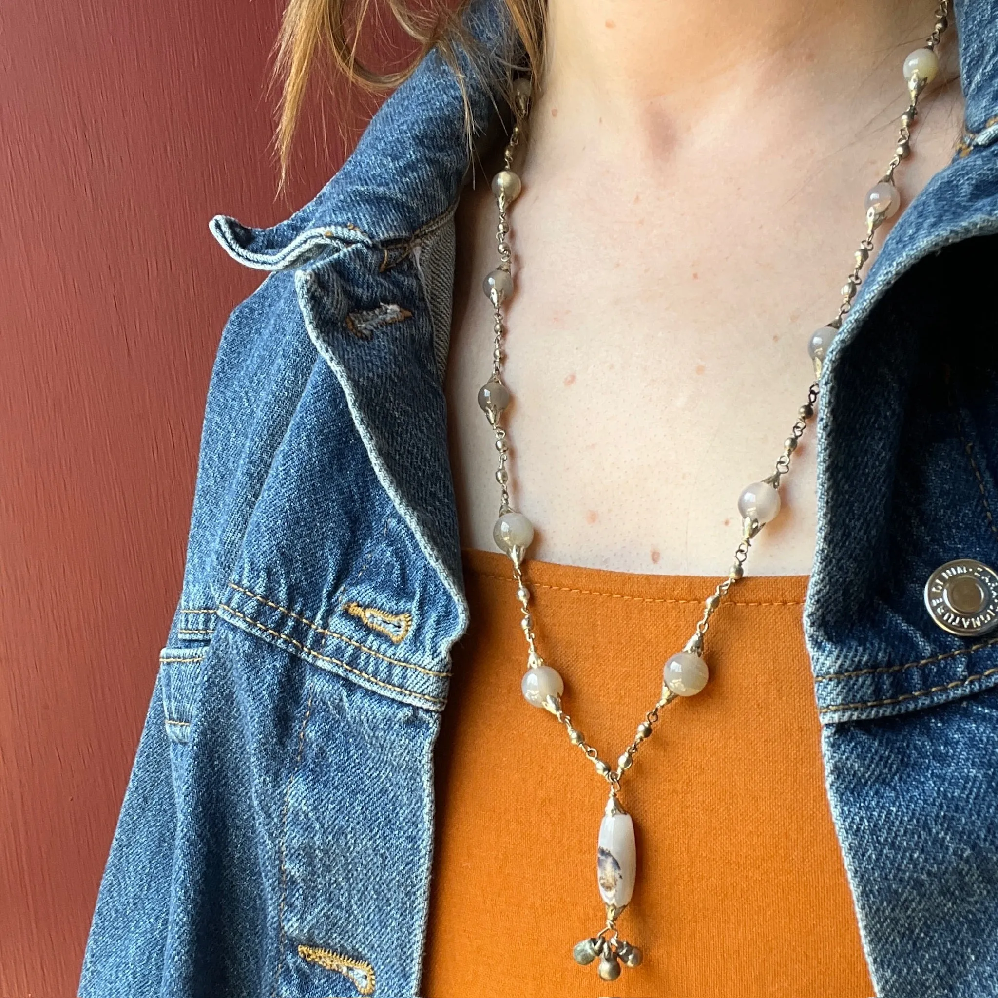 Agate Bead & Silver Necklace with Dangle