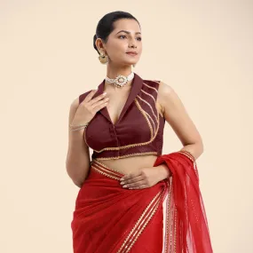 Avni x Tyohaar | Burgundy Sleeveless FlexiFit™ Saree Blouse with Elegant Shawl Collar with Golden Gota Lace Embellishment