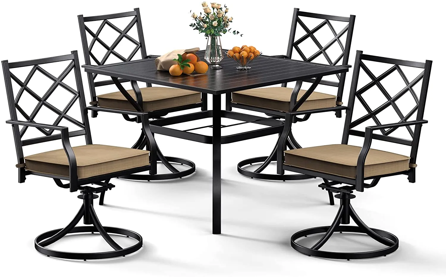 Bigroof 5 Piece Metal Outdoor Patio Dining Sets for 4, Swivel Chairs with Cushion and Steel 37" Square Table with Umbrella Hole