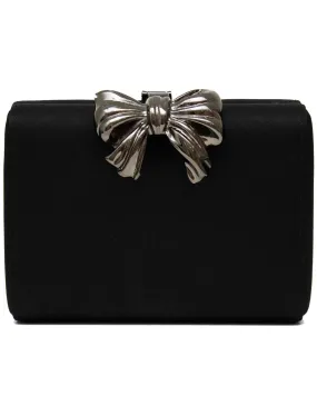 Black Satin Clutch with Metal Bow Detail