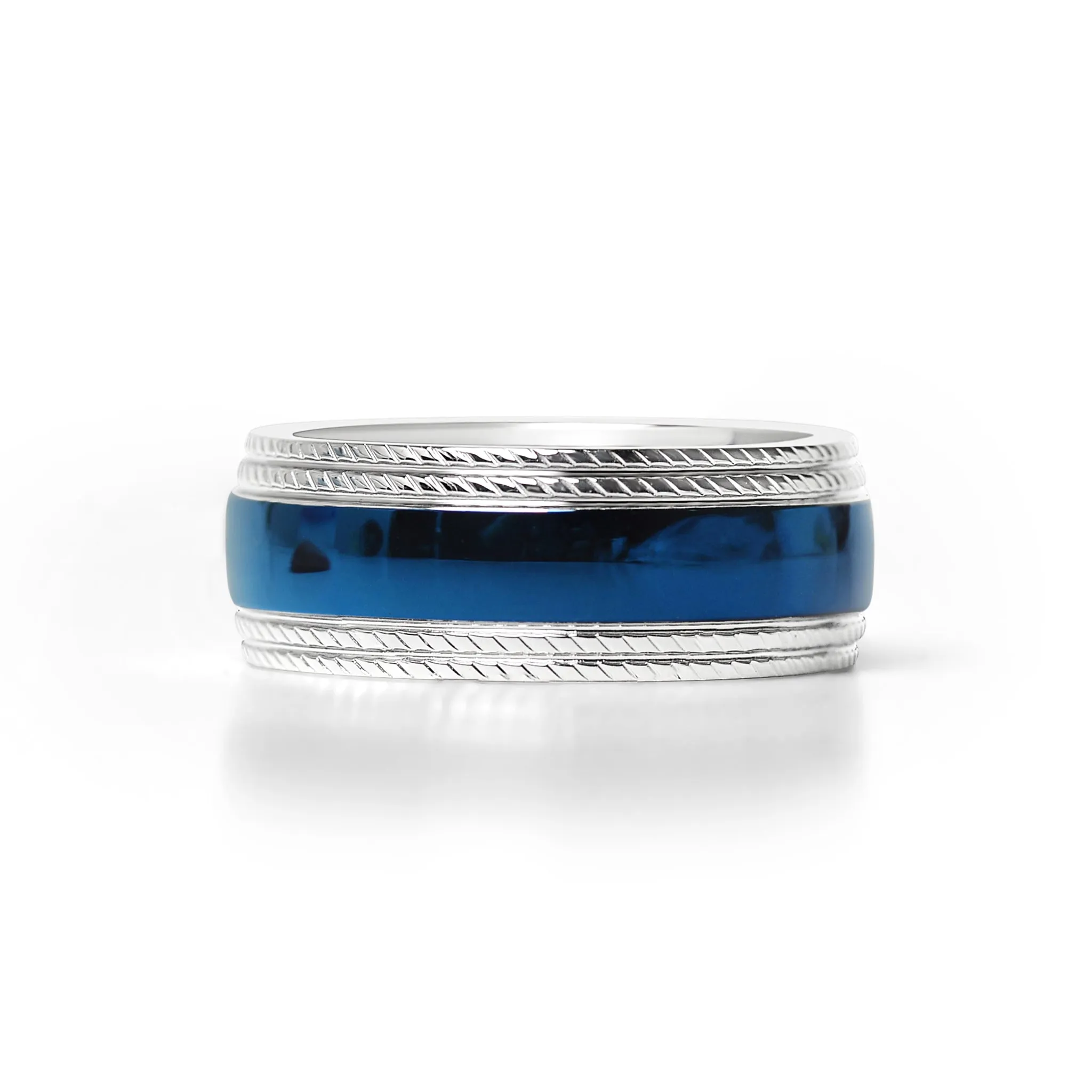 Blue Center With Lined Patterned Edge Stainless Steel Ring / CFR7003