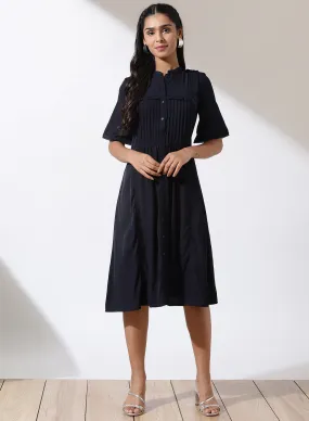 Blue Solid Dress with Button Closure