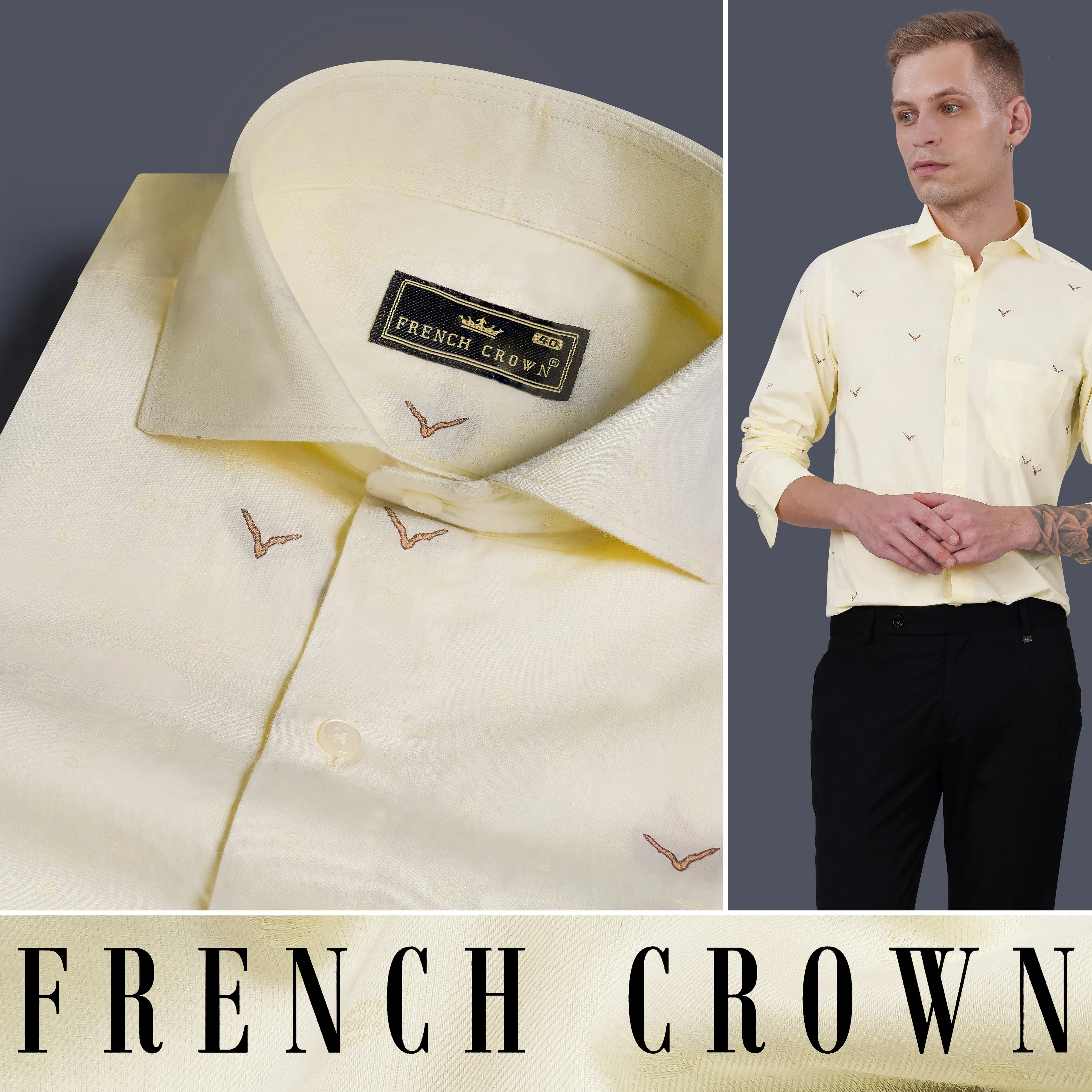 Bone Beige Birds Printed Jacquard Textured Premium Giza Cotton Shirt