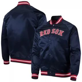 Boston Red Sox MLB Navy & Red Satin Raglan Full-Snap Bomber Letterman Jacket