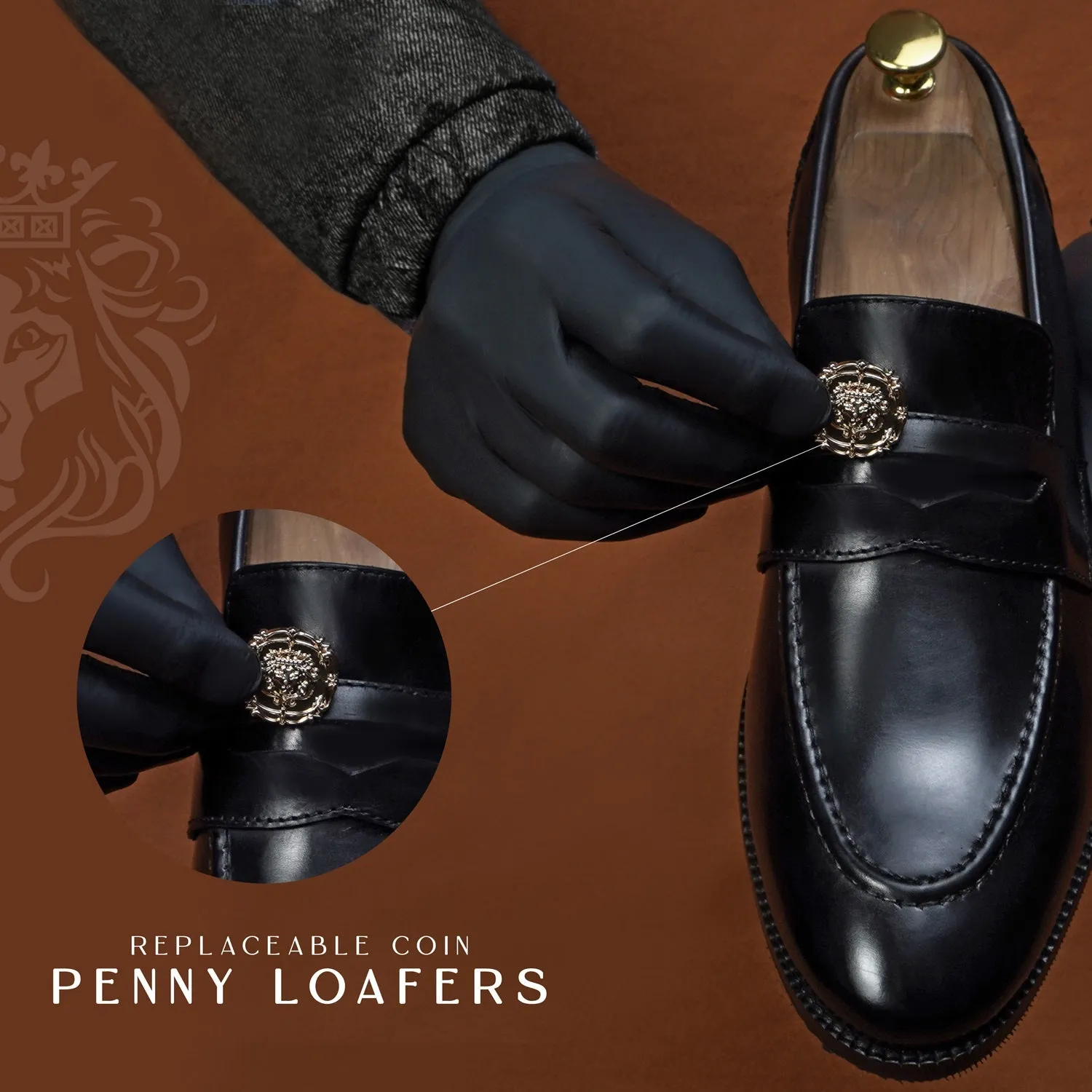 Brand Lion Logo Penny Loafers in Black Leather