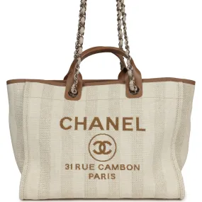 Chanel Medium Striped Deauville Shopping Tote Light Beige Raffia Light Gold Hardware