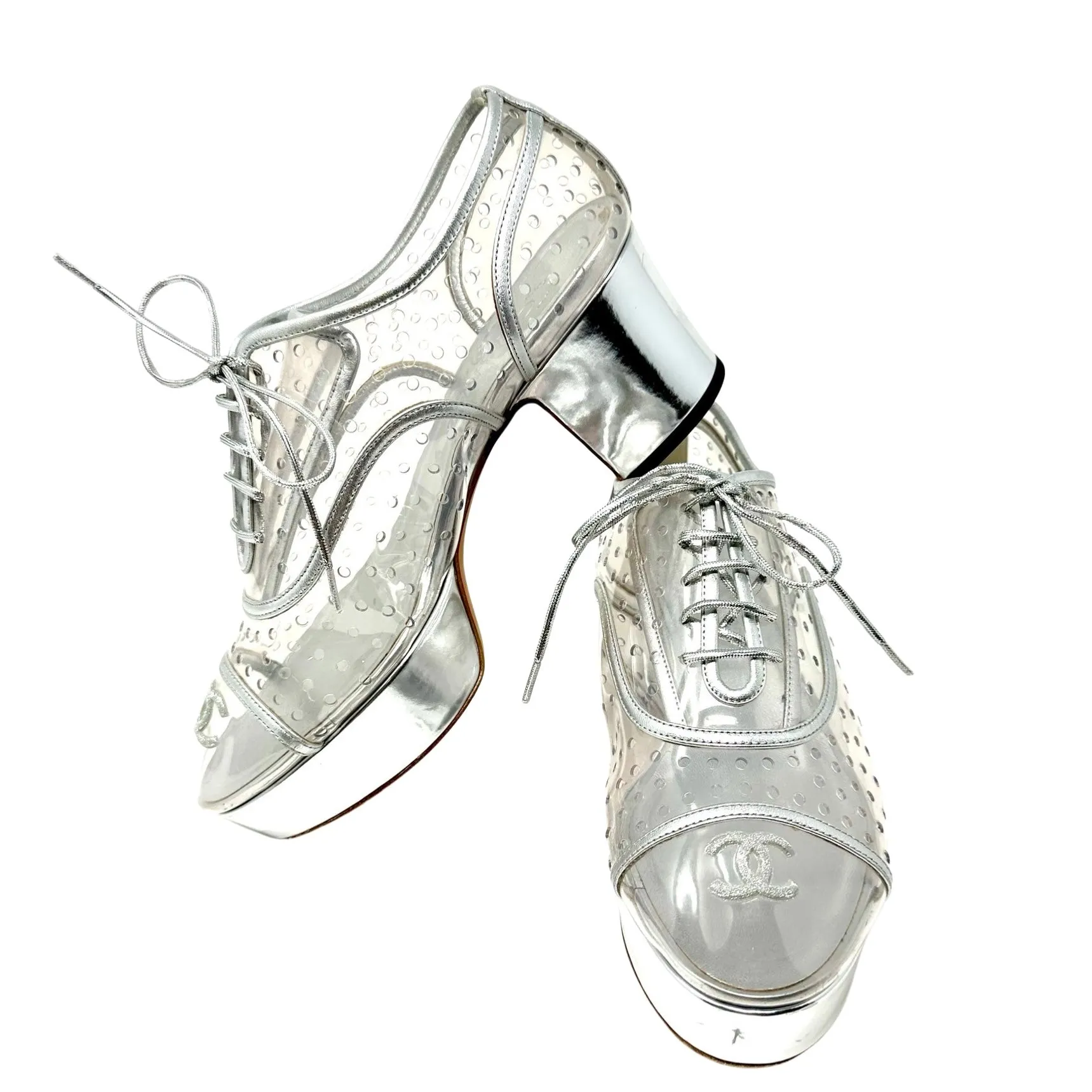 Chanel Silver Transparent Calfskin PVC Cap Toe Lace Up Platform Heels 38.5 | 8