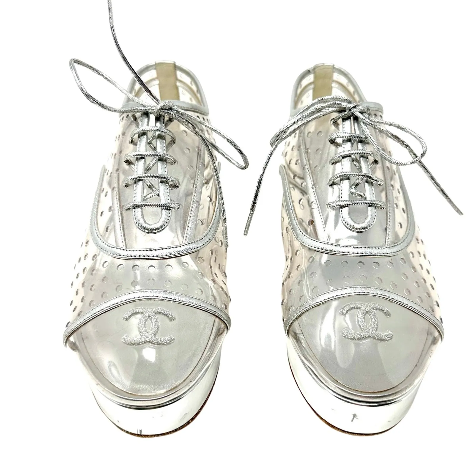 Chanel Silver Transparent Calfskin PVC Cap Toe Lace Up Platform Heels 38.5 | 8