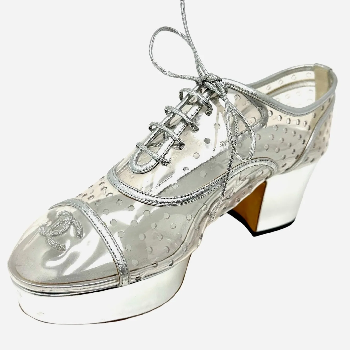 Chanel Silver Transparent Calfskin PVC Cap Toe Lace Up Platform Heels 38.5 | 8