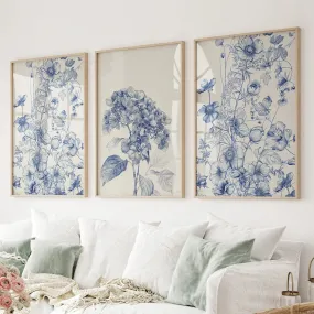 Chinoiserie Blue Flowers Watercolor Poster Decor