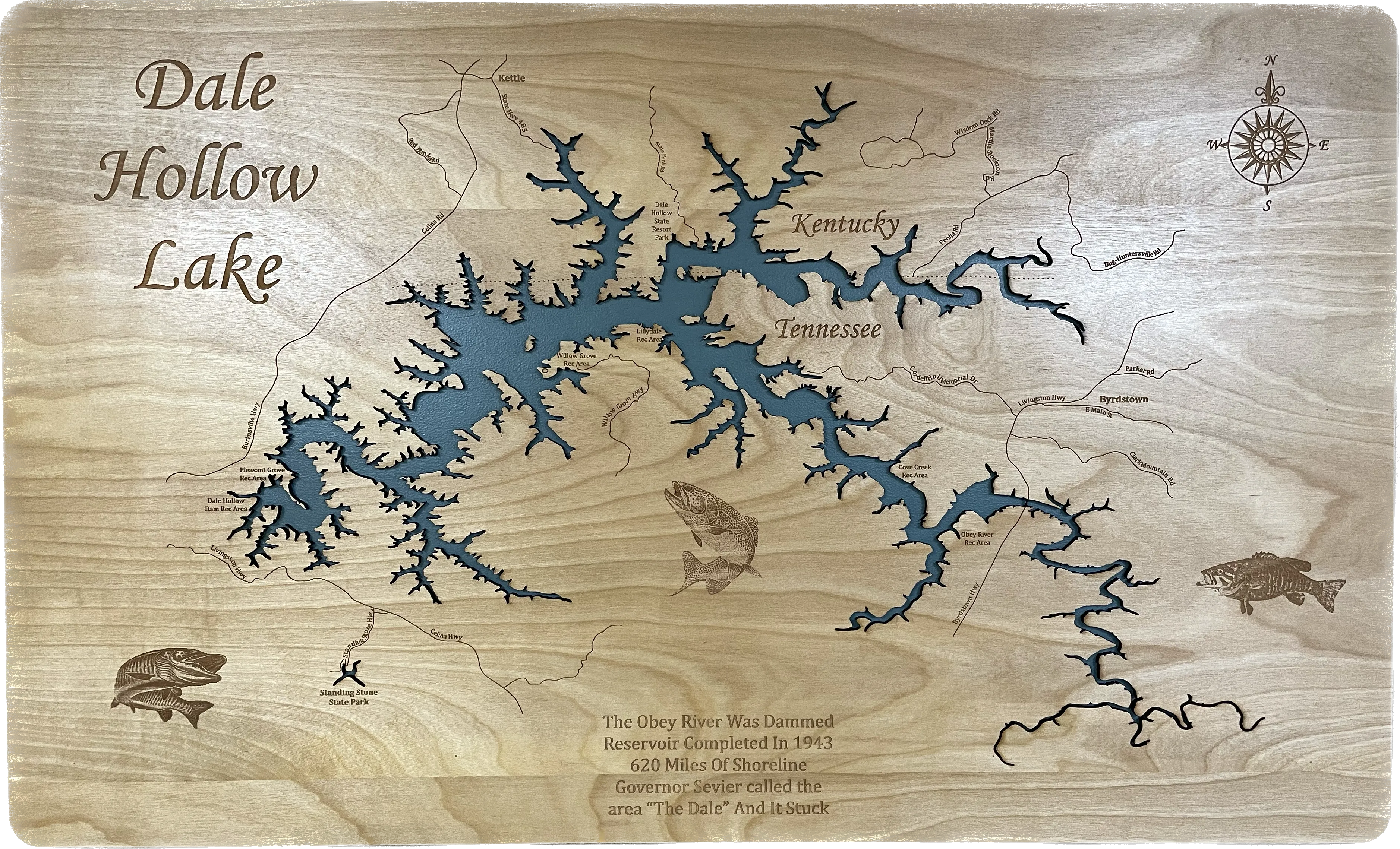 Dale Hollow Lake, Kentucky & Tennessee - Laser Engraved Wood Map Overflow Sale Special