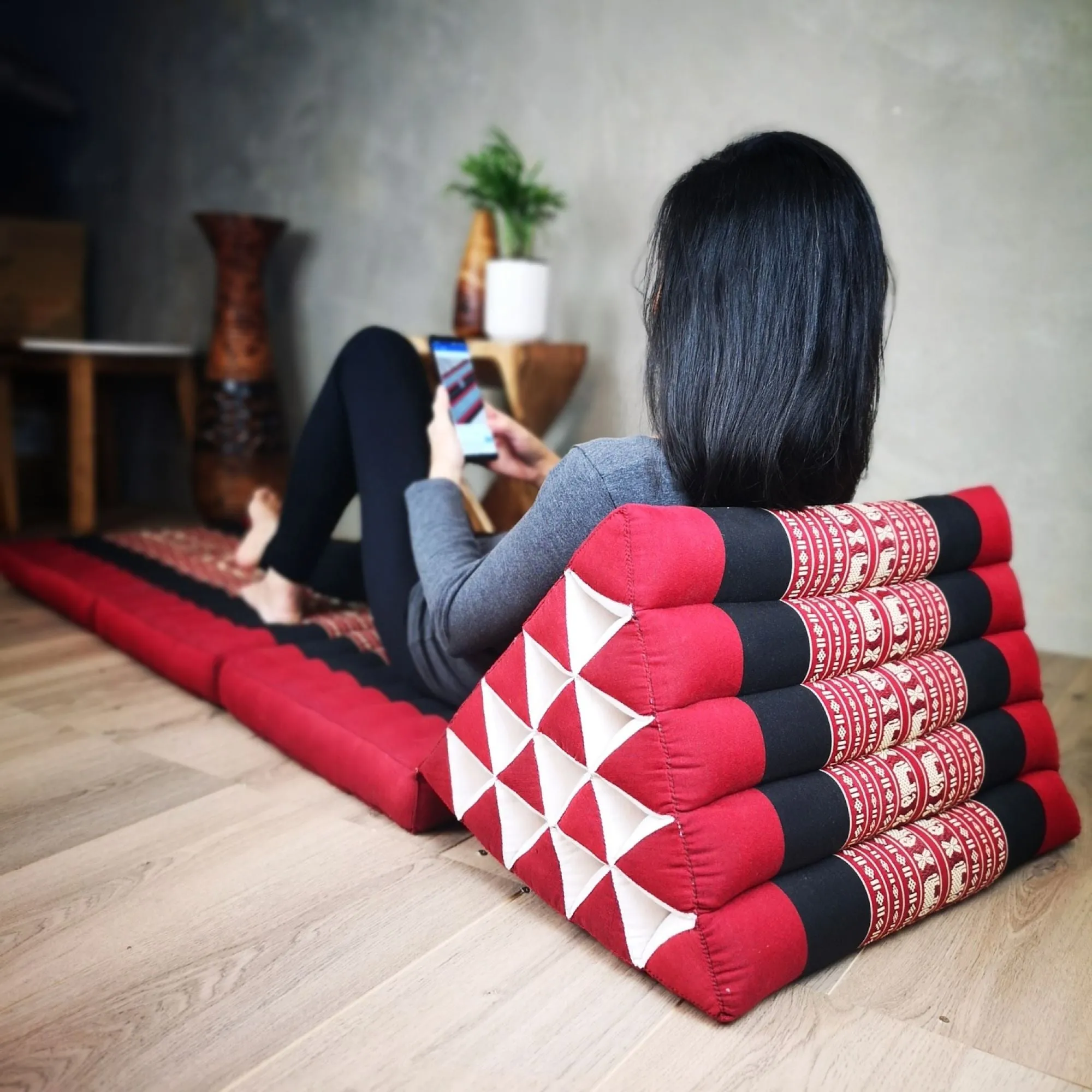 Day bed roll out mattress 3-Folds with backrest Cushion -100% Thailand handmade Kapok-Red