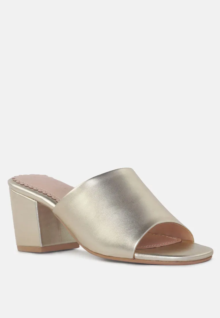 Dumpllin Metallic Faux Leather Slip-On Block Heel Sandals