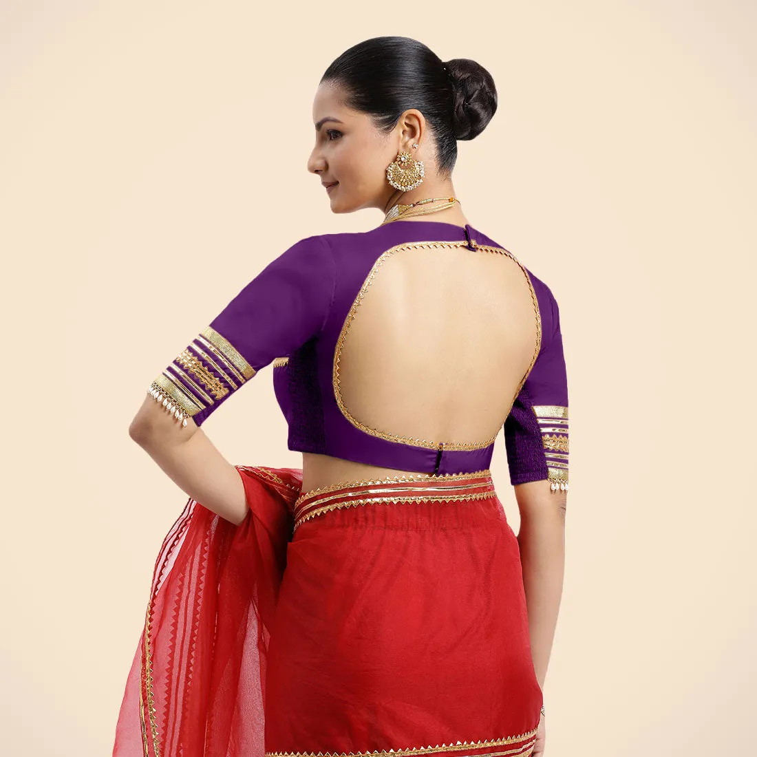 Farheen x Tyohaar | Purple Embellished Elbow Sleeves FlexiFit™ Saree Blouse with Zero Neck with Back Cut-Out and Golden Gota Embellishment