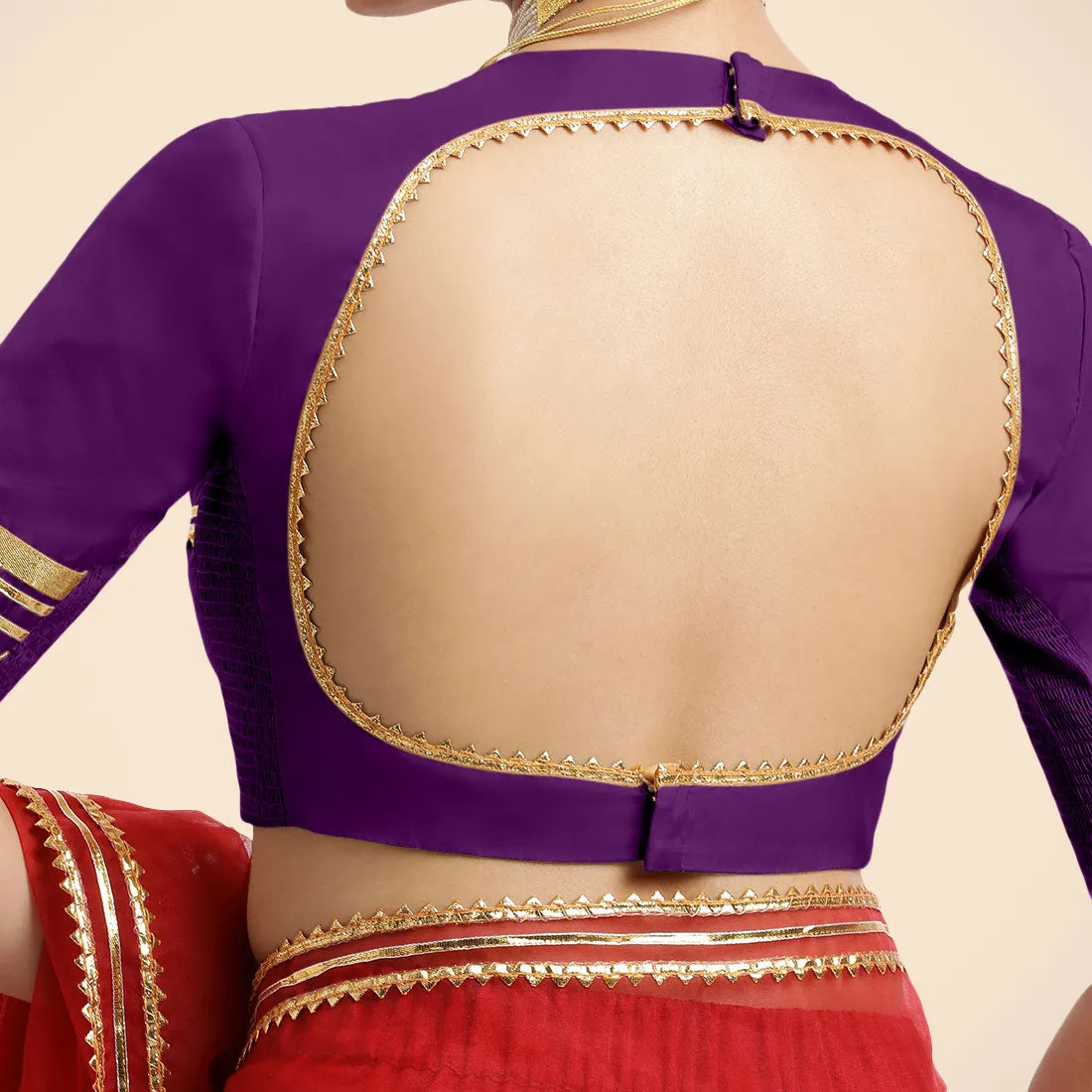 Farheen x Tyohaar | Purple Embellished Elbow Sleeves FlexiFit™ Saree Blouse with Zero Neck with Back Cut-Out and Golden Gota Embellishment