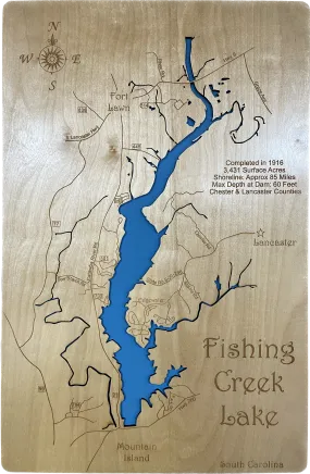 Fishing Creek Lake, South Carolina - Laser Engraved Wood Map Overflow Sale Special