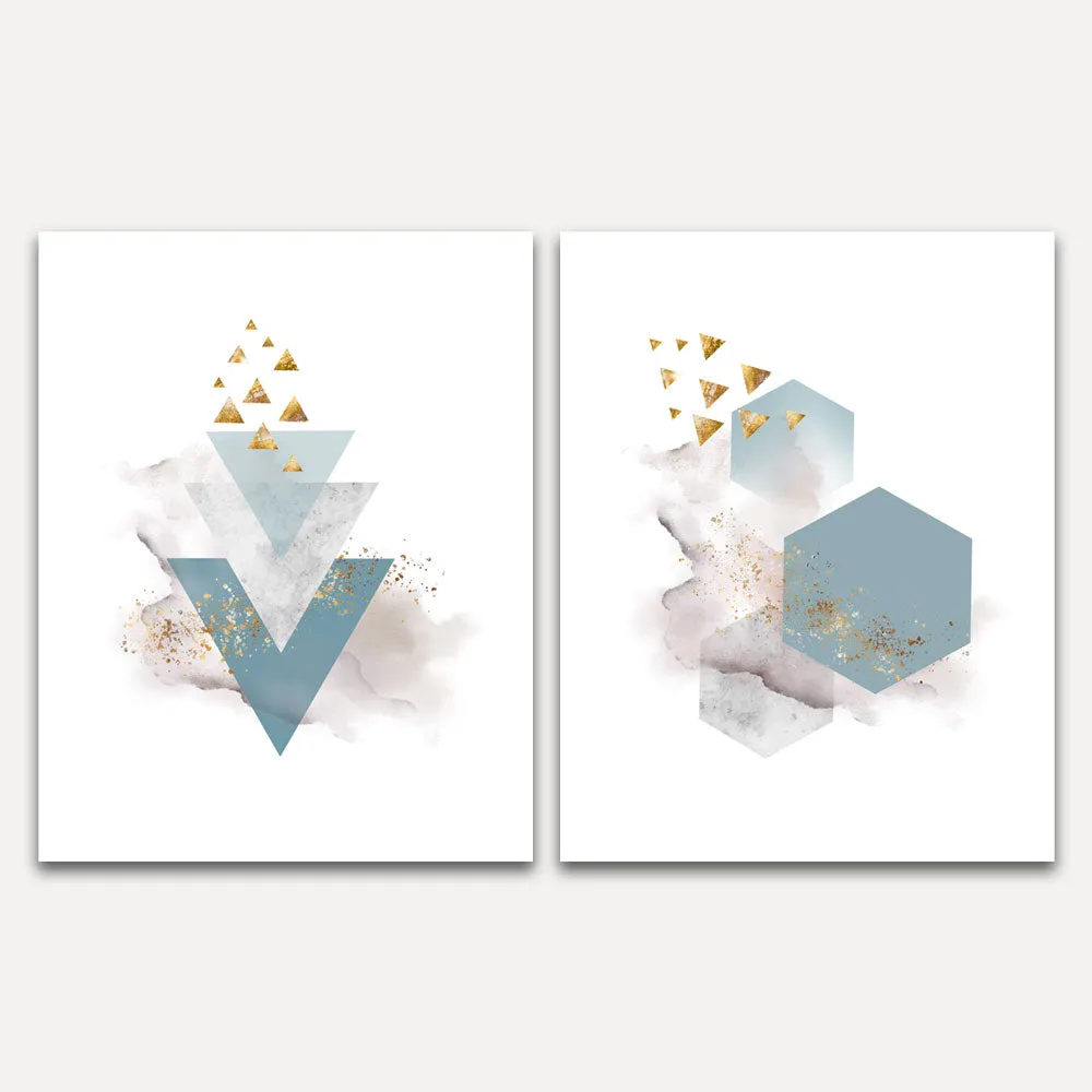 Geometric Blue and Gray Abstract Wall Art - Set of Two