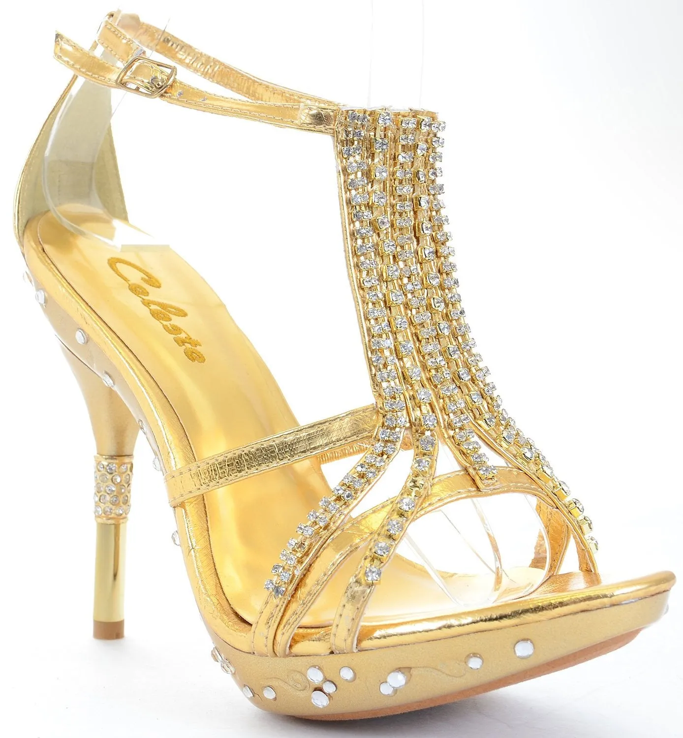 Gold Rhinestone Evening Open Toe Formal Womens High Heel Platform