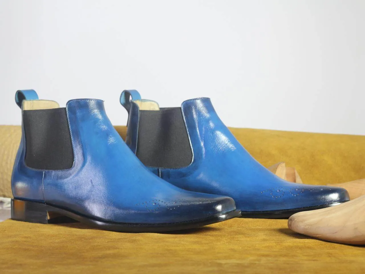 Handmade Men's Half Ankle Blue Boots, Men Chelsea Leather Fashion Stylish Boots