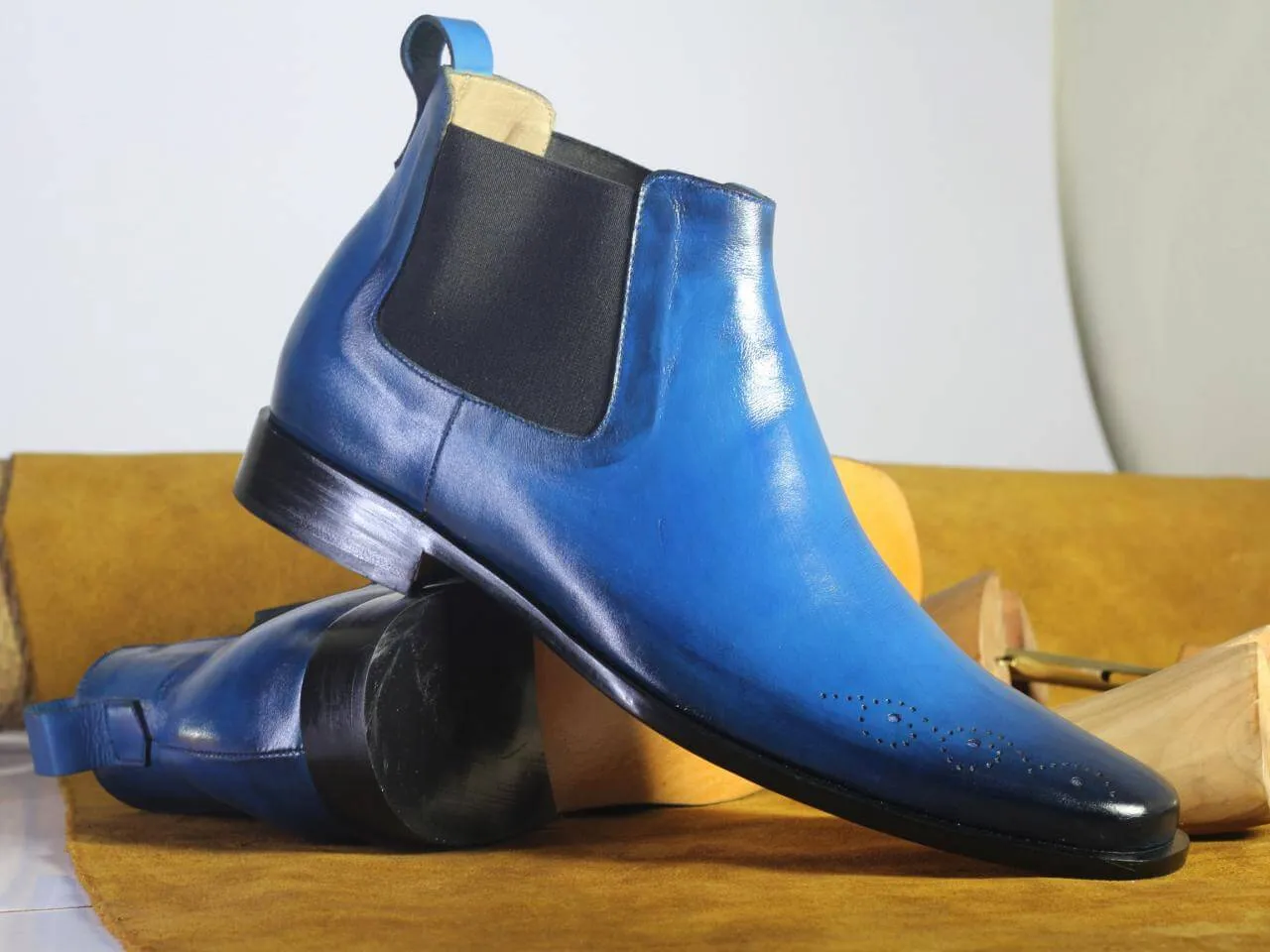 Handmade Men's Half Ankle Blue Boots, Men Chelsea Leather Fashion Stylish Boots