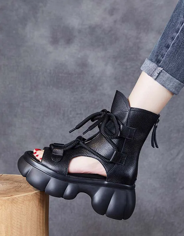 Handmade Open Toe Retro Platform Sandals Boots