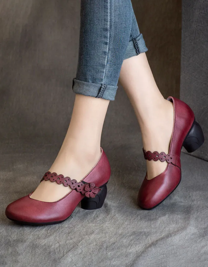 Handmade Retro Flower Velcro Elegant Chunky Heels