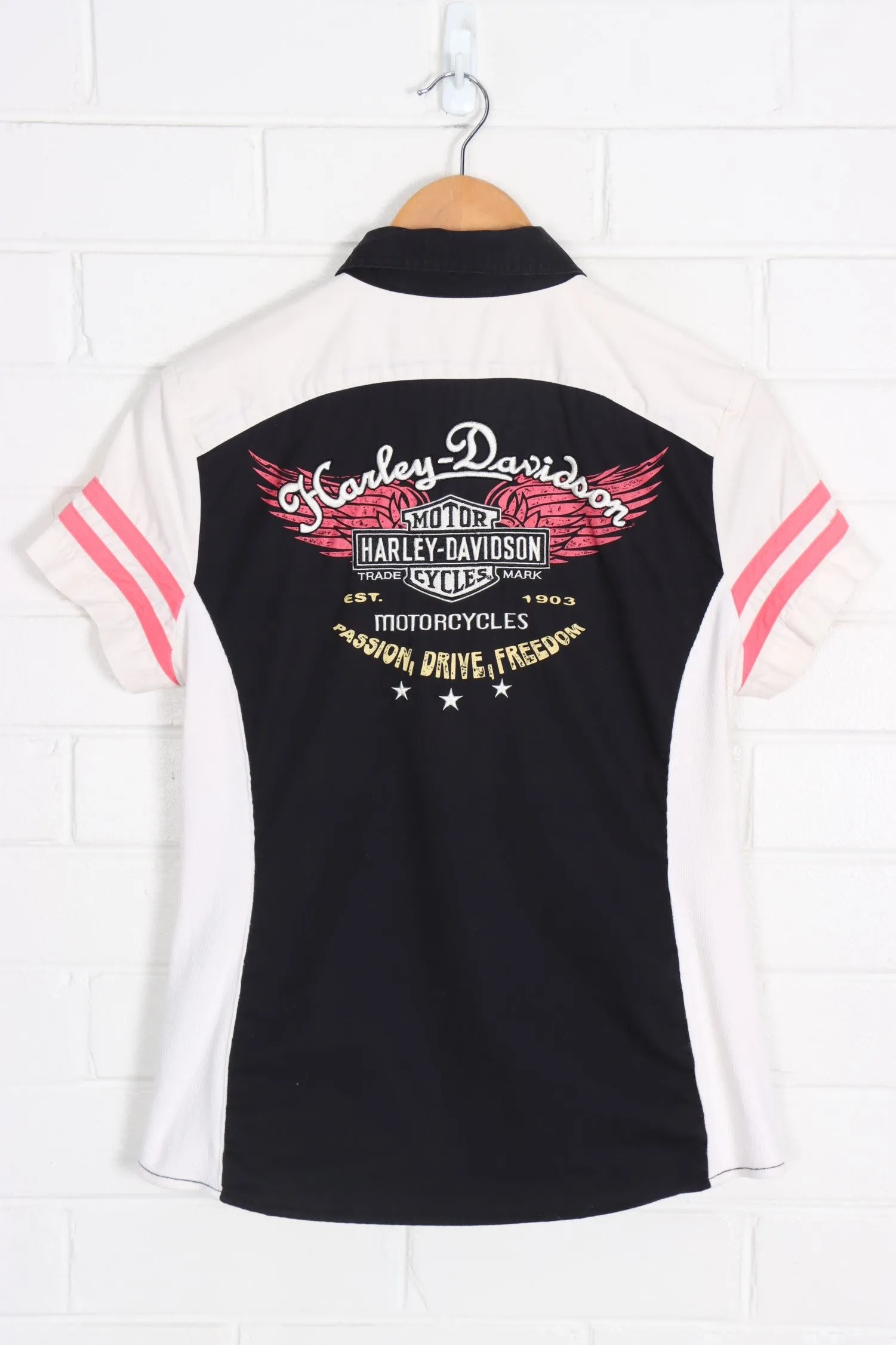 HARLEY DAVIDSON Embroidered Pink & Black Zip Up Tee (Women's M)