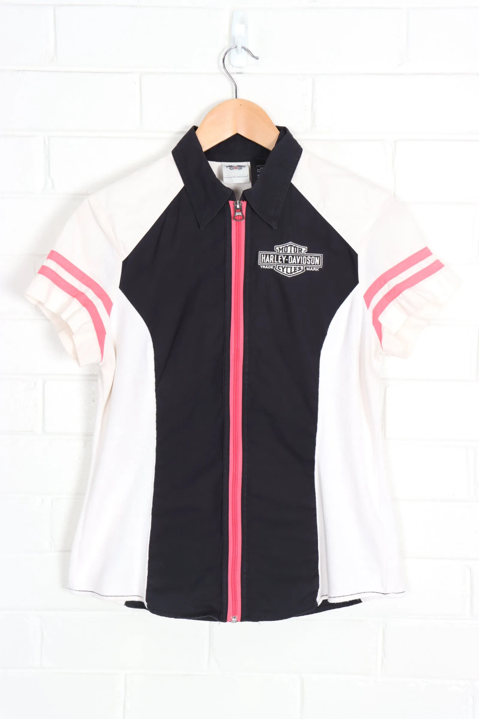 HARLEY DAVIDSON Embroidered Pink & Black Zip Up Tee (Women's M)