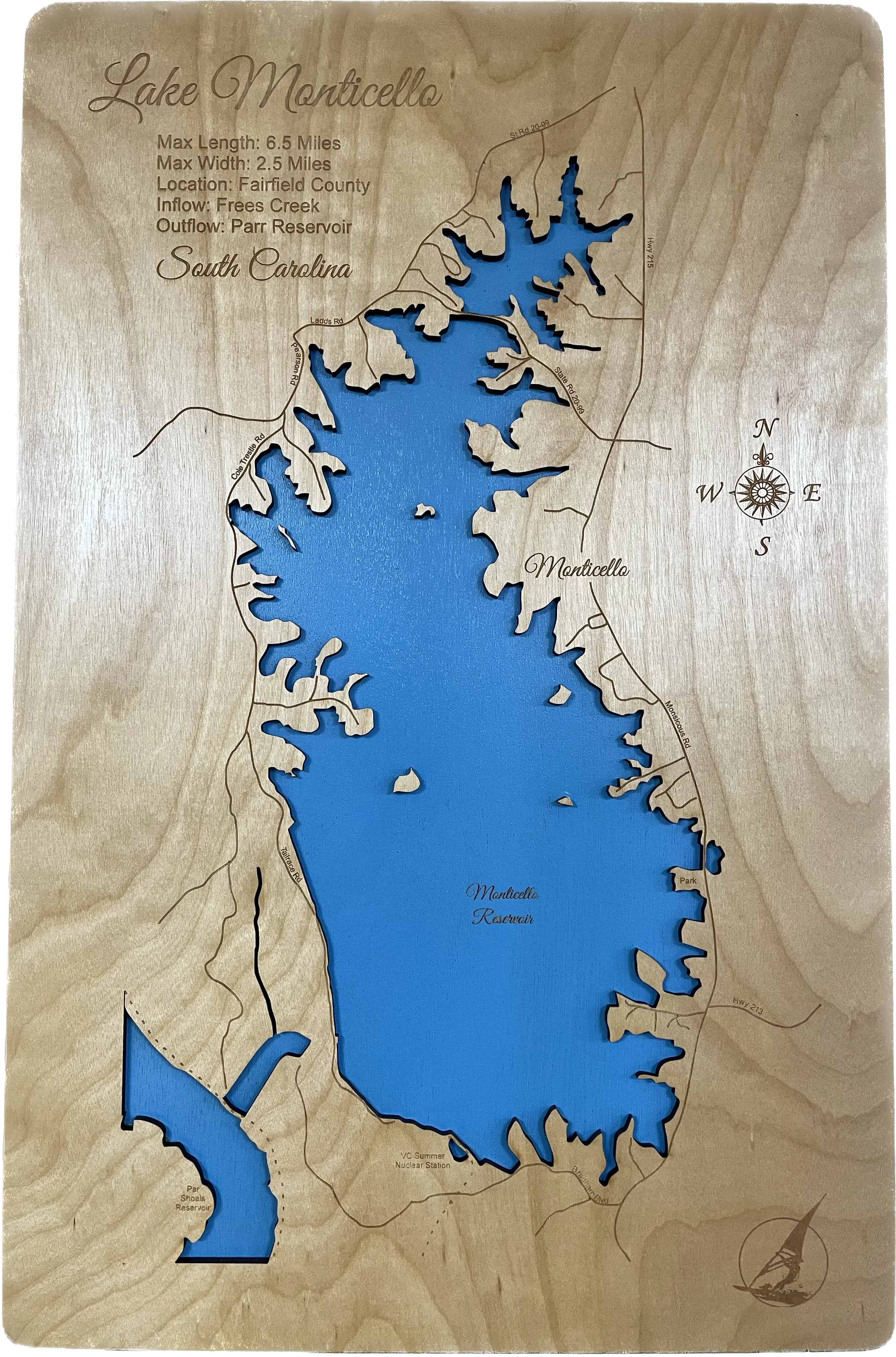 Lake Monticello, South Carolina - Laser Engraved Wood Map Overflow Sale Special