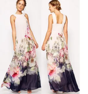 Long Floral Chiffon Dress, Bohemian Romantic Summer Dress for Women