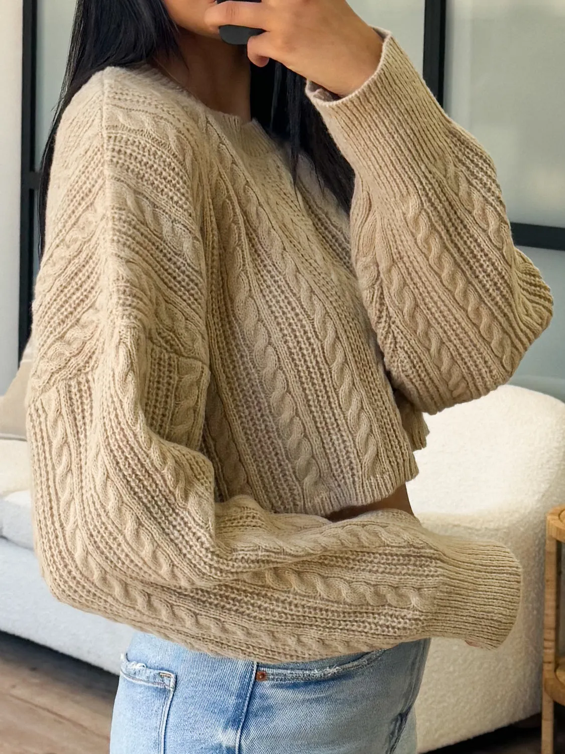 Mae Cable Knit Cropped Sweater | Taupe |  Plus Available | FINAL SALE