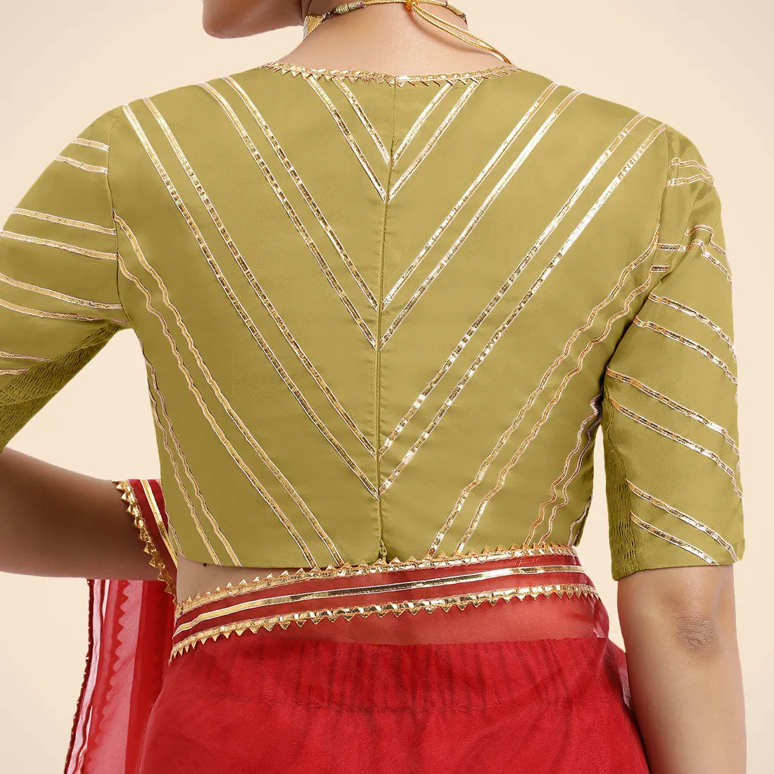 Navya x Tyohaar | Lemon Yellow Elbow Sleeves FlexiFit™ Saree Blouse with Plunging V Neckline with Tasteful Golden Gota Lace