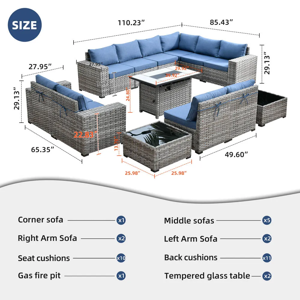 Ovios 13 Pieces Outdoor Furniture with 7.68'' Broad Handrails and Rectangle 42.12'' Fire Pit Table