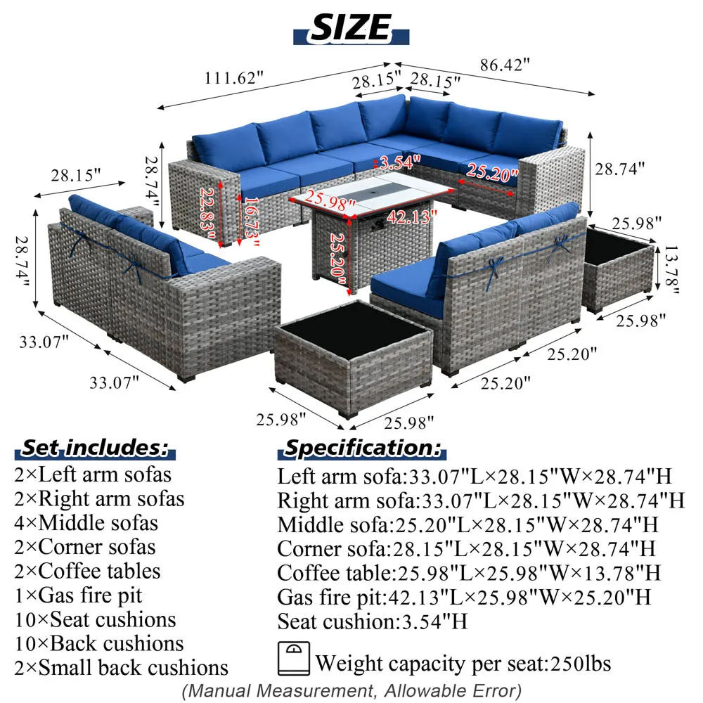 Ovios 13 Pieces Outdoor Furniture with 7.68'' Broad Handrails and Rectangle 42.12'' Fire Pit Table