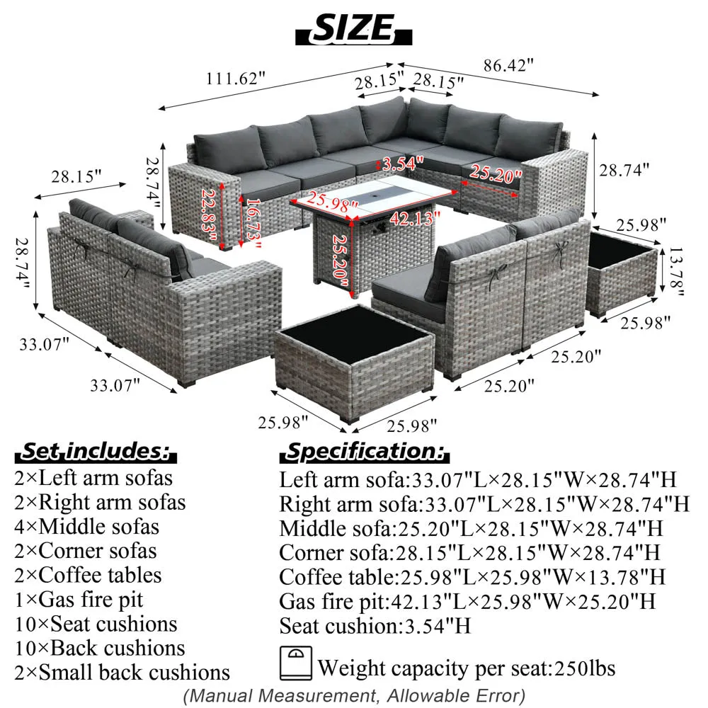 Ovios 13 Pieces Outdoor Furniture with 7.68'' Broad Handrails and Rectangle 42.12'' Fire Pit Table