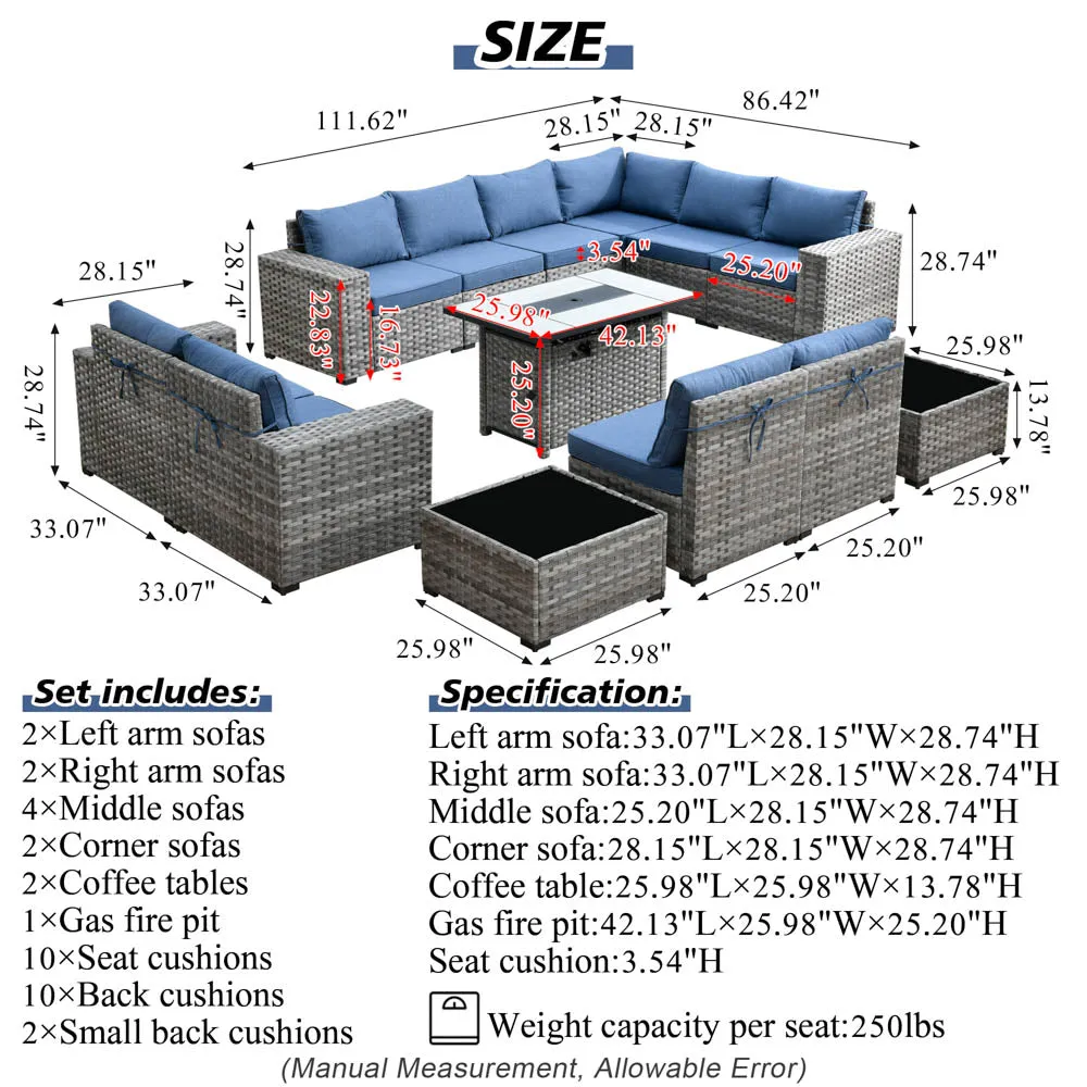 Ovios 13 Pieces Outdoor Furniture with 7.68'' Broad Handrails and Rectangle 42.12'' Fire Pit Table