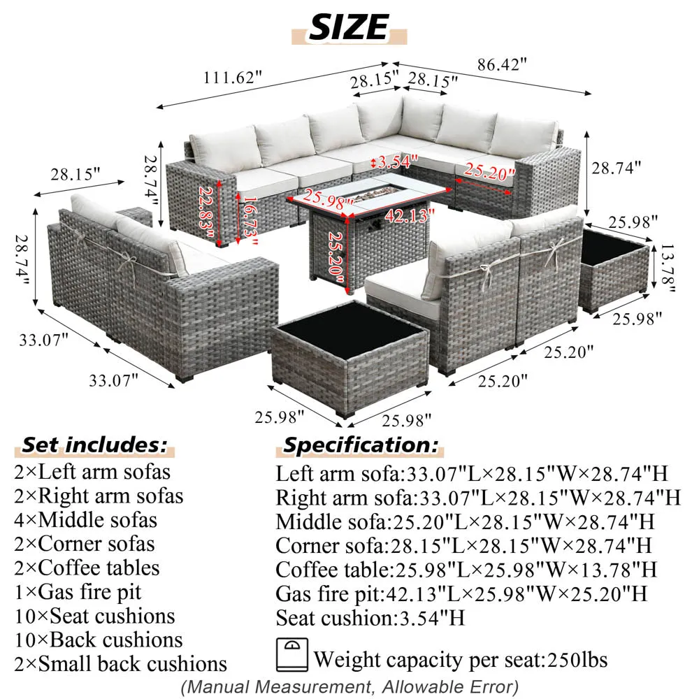 Ovios 13 Pieces Outdoor Furniture with 7.68'' Broad Handrails and Rectangle 42.12'' Fire Pit Table