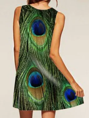 Peacock Feather Dress, Printed Boho Summer Dress For Women