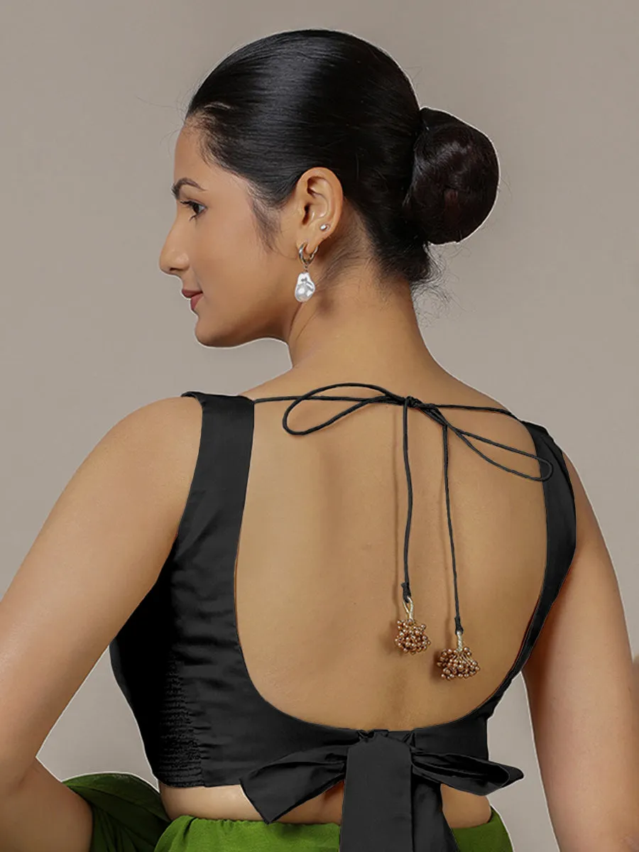 Raisa x Rozaana | Charcoal Black Sleeveless FlexiFit™ Saree Blouse with Simple V Neckline and Back Cut-out with Tie-Up