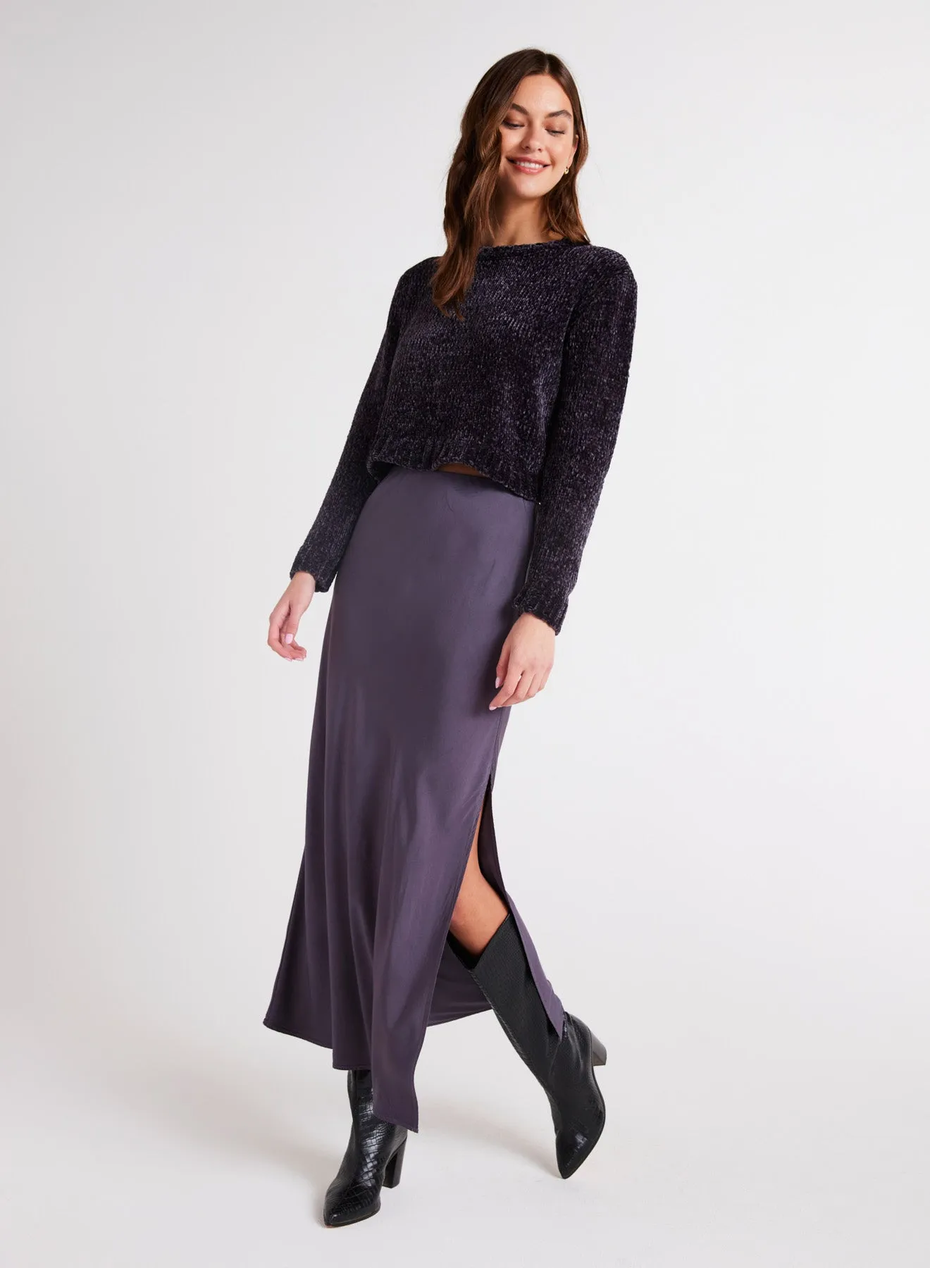 Satin Side Slit Maxi Skirt - Galaxy Smoke