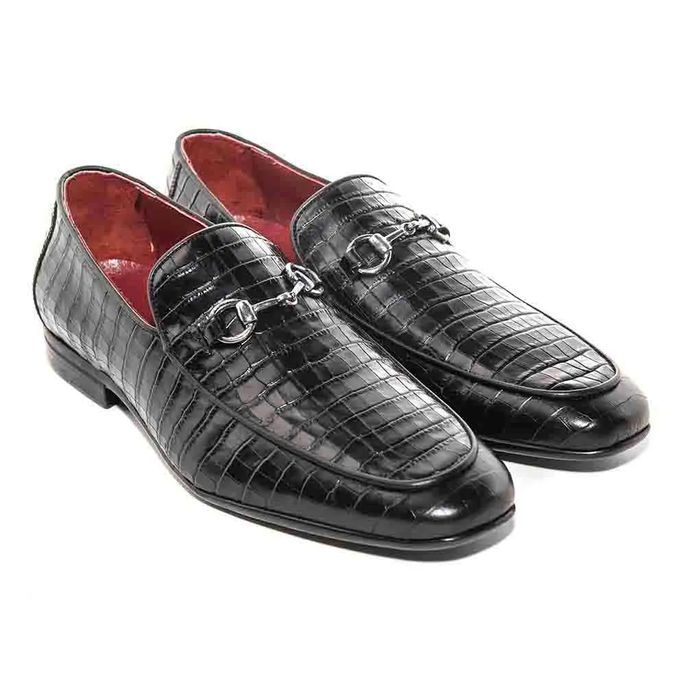 SIGOTTO UOMO Crocodile Print Black Leather Loafer