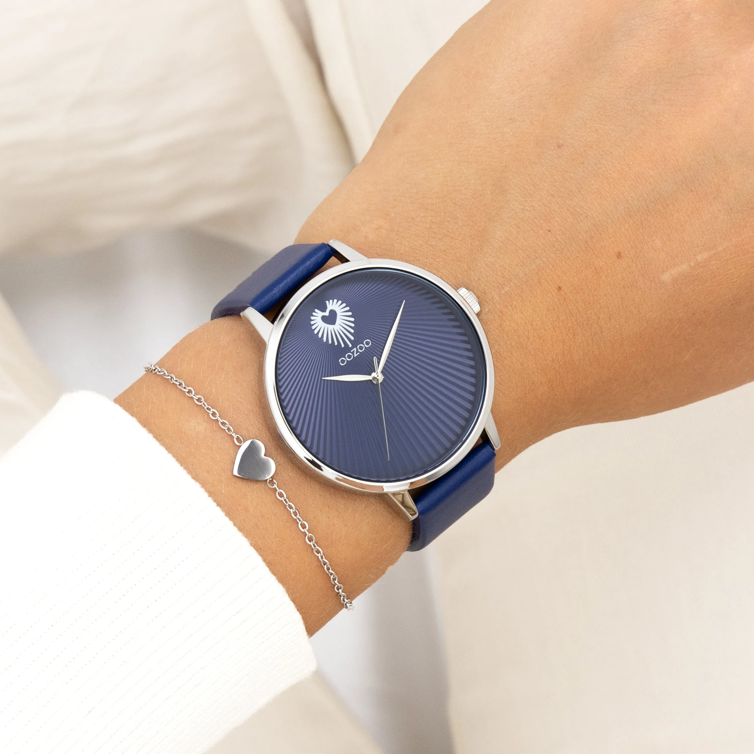 Silver coloured OOZOO watch with blue leather strap - C11243