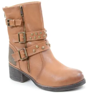 Studded Buckle Zipper Combat Military Women's Mid Calf Boots