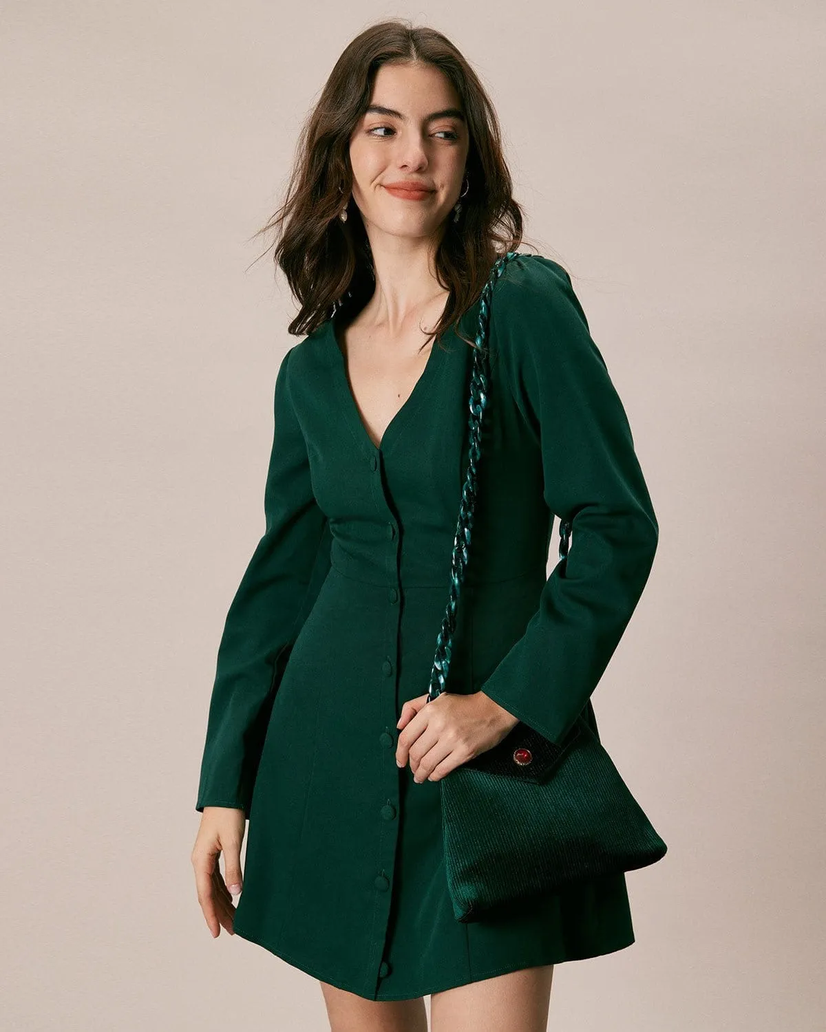 The Green V Neck Button Shirt Mini Dress