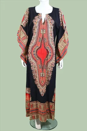 Vintage 60s Caftan Bohemian Hippie Dress Loungewear, Block Print from Pakistan S